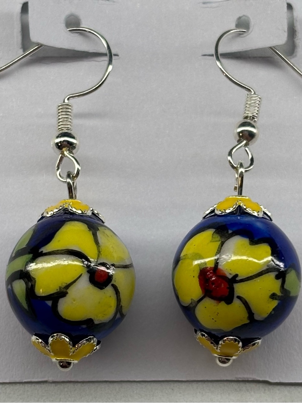 Ceramic Beaded Hook Earrings with Cloisonné Style Accents